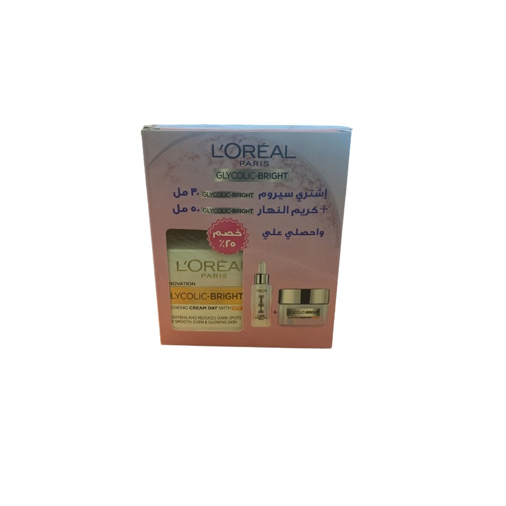 لوريال جليكوليك برايت سيروم + كريم النهار للاشراقة - Loreal Glucolic-Bright Serum + Glowing Cream Day (50ml+30ml, خصم 25%)