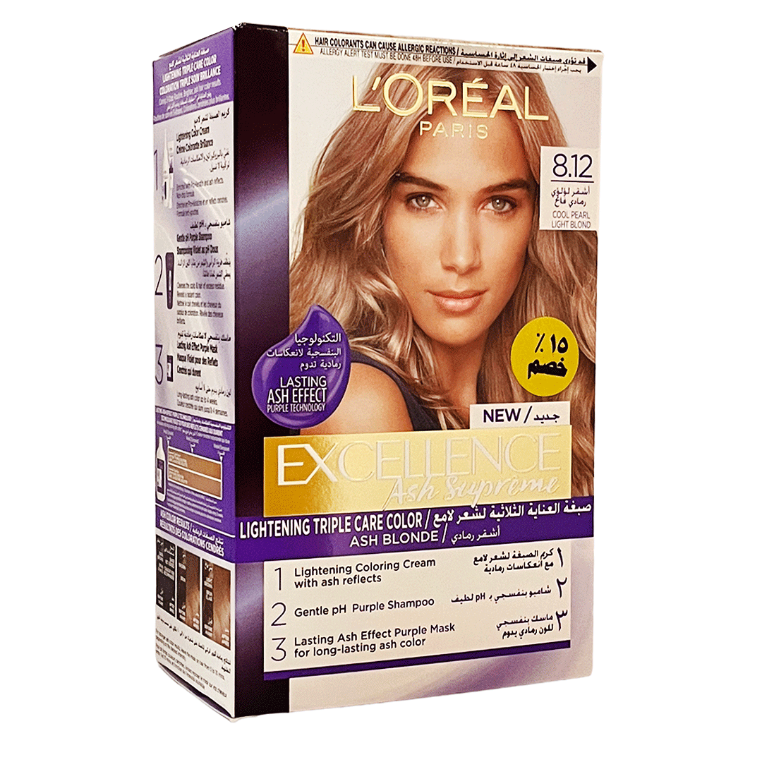لوريال صبغة اكسيلنس 12-8 اشقر لؤلؤى رمادى فاتح خصم 15% - Loreal Color Excellence 8-12 Cool Pearl Light Blond Offer 15% (Cool Pearl Light Blond 8-12)