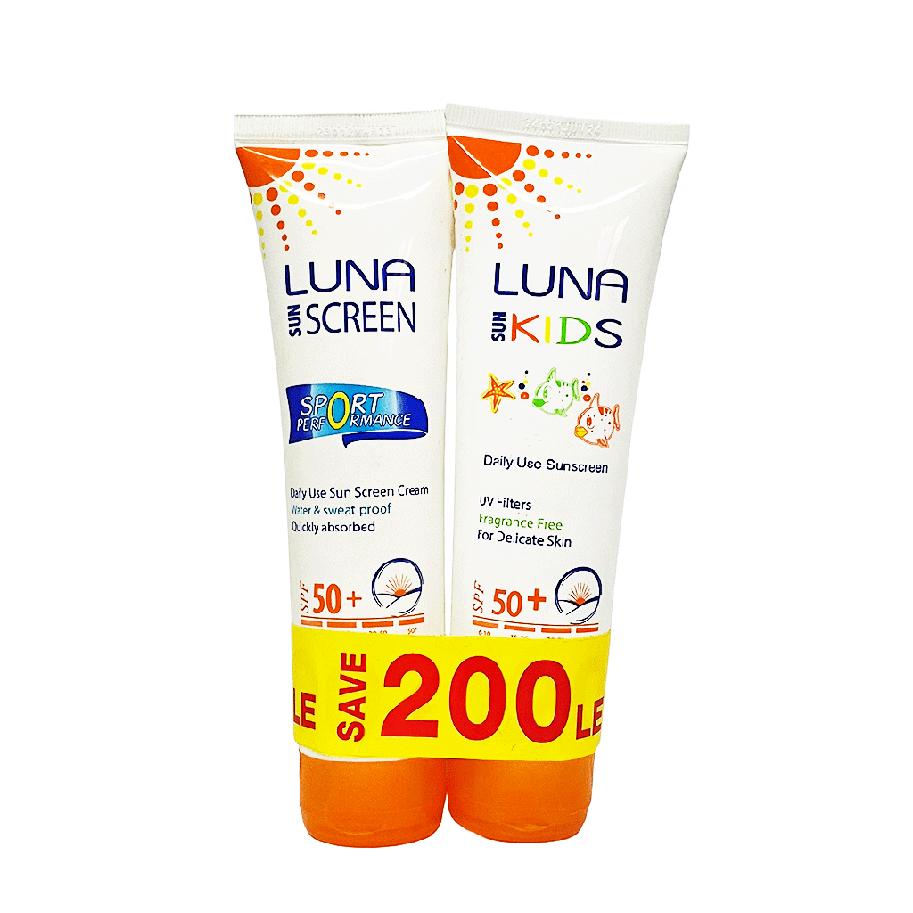 لونا صن سكرين كبار + اطفال +50 وفر 200جنية - Luna Sunscreen Adult + Kids SPF 50+ Offer 200EGP (130ml+130ml)