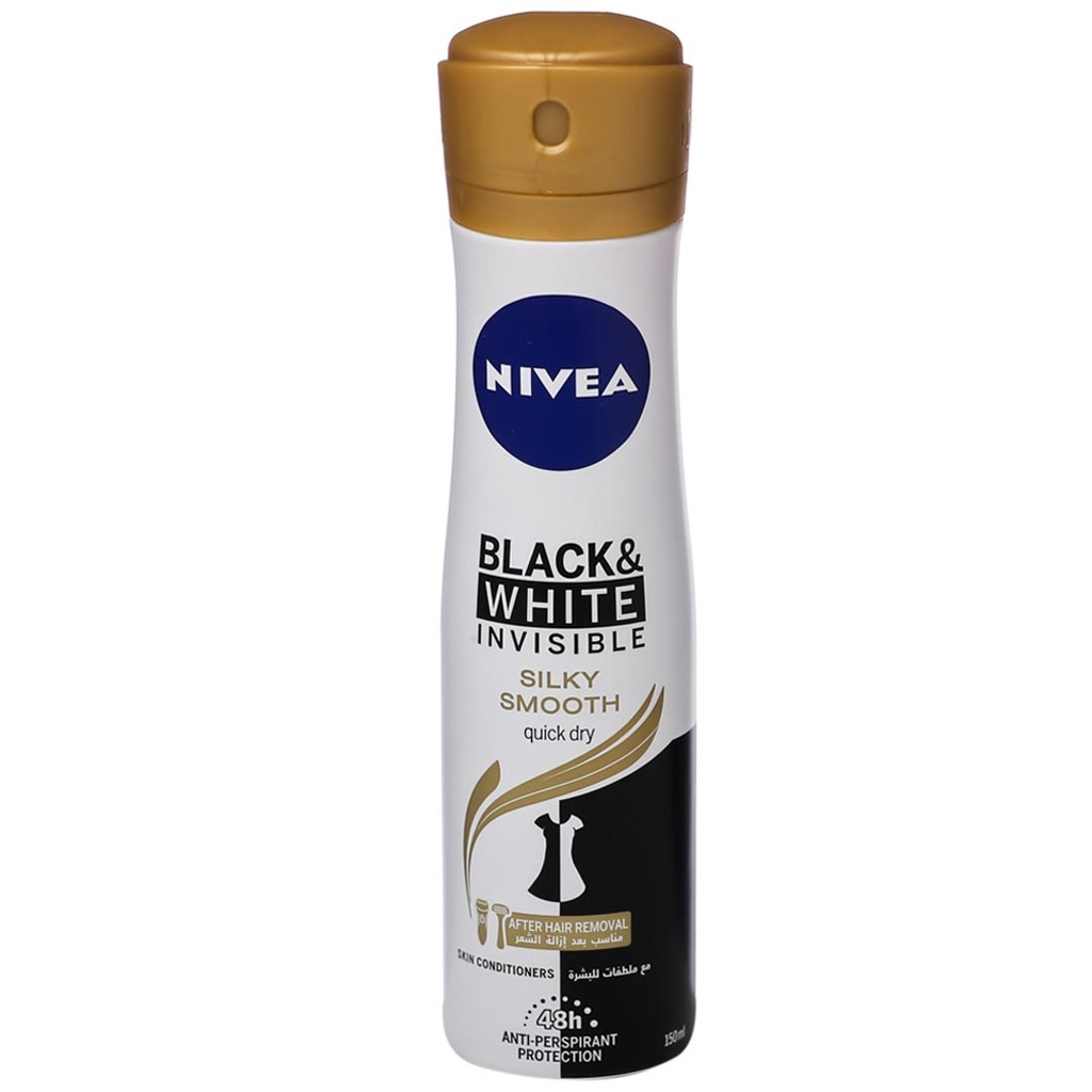نيفيا مزيل - Nivea Deodorant (سبراى, نسائى, 150ml, بلاك&وايت انفيزبل سيلكى سموث, بدون)