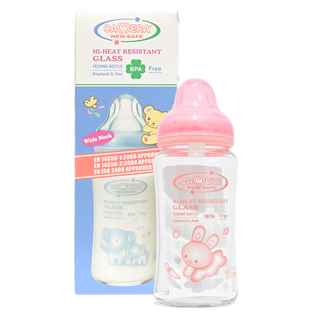 Camera Feeder Bottle Pyrex Glass WIDE NECK No:22018 Color: Pink Size: 240ml (240ml, Pink)