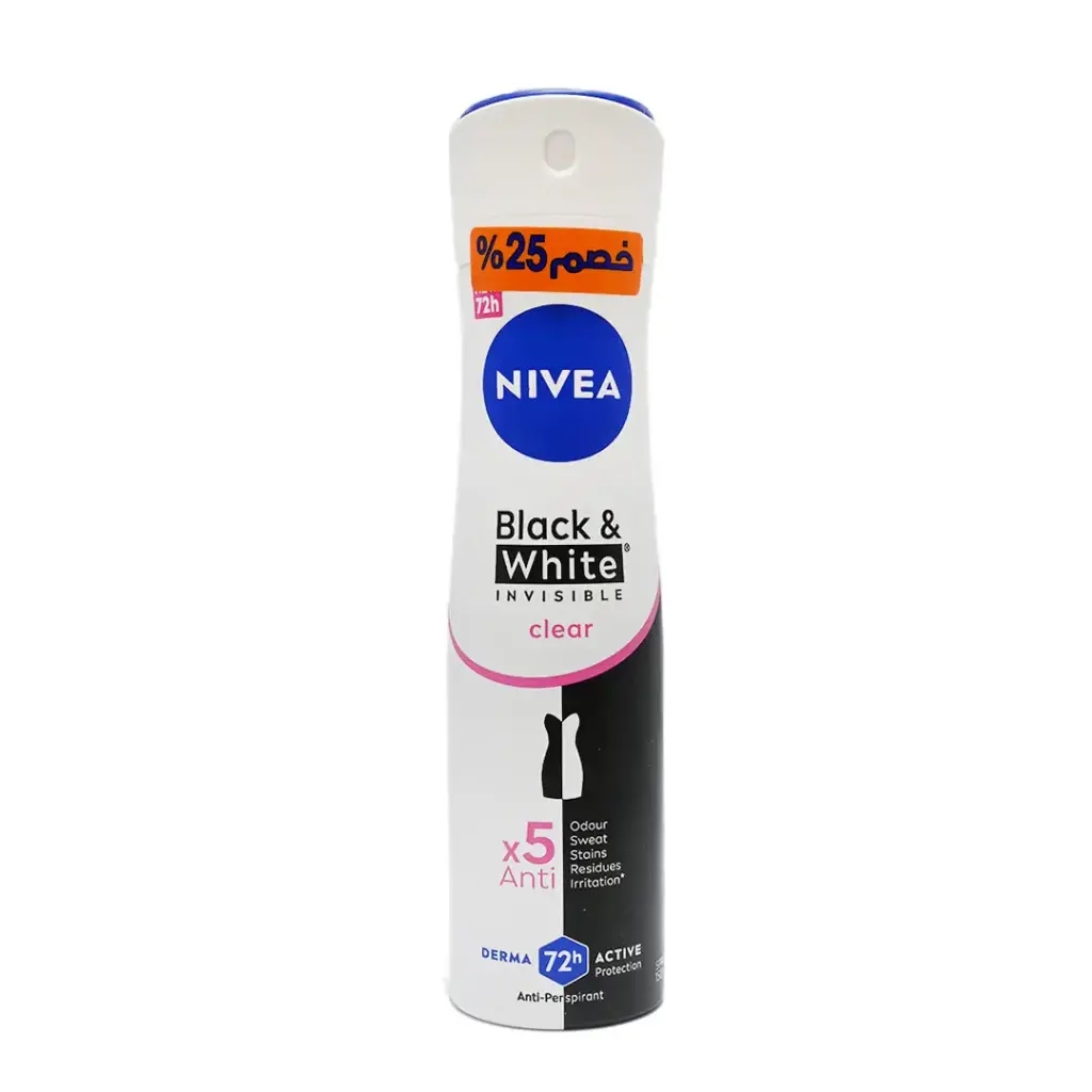 نيفيا سبراى نسائى بلاك&وايت انفيزبل كلير خصم 25% - Nivea Spray Women Black & White Invisible Clear Offer 25%