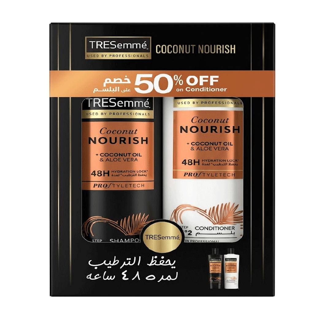 تريسمى شامبو و بلسم جوز هند و صبار خصم 50% - TRESemme Shampoo & Conditioner Coconut & Aloe Vera Offer 50% (400ml+400ml)